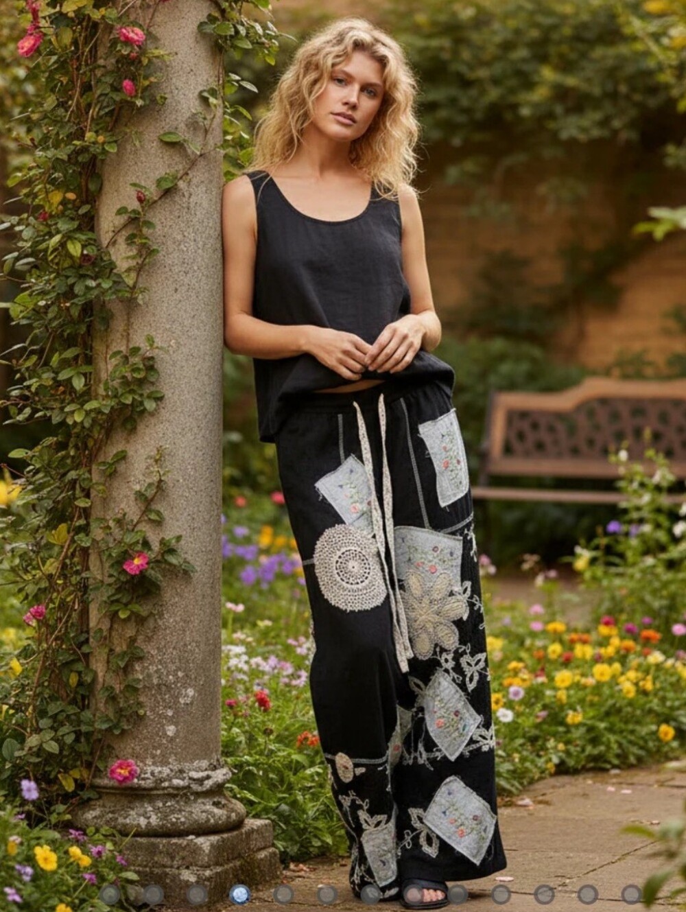 POL Black Boho Patchwork Cotton Wide-Leg Pants, White Crochet&Embroidered  Sz S